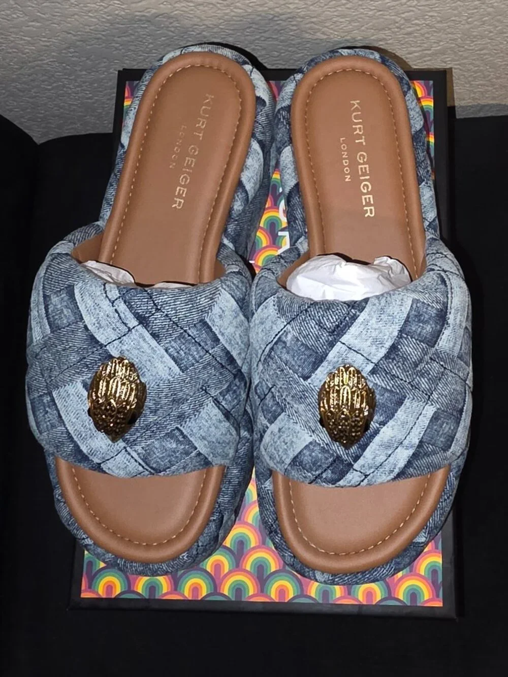 Kurt Geiger Kensington Quilted Denim Patchwork Logo Ornament Platform Slide
